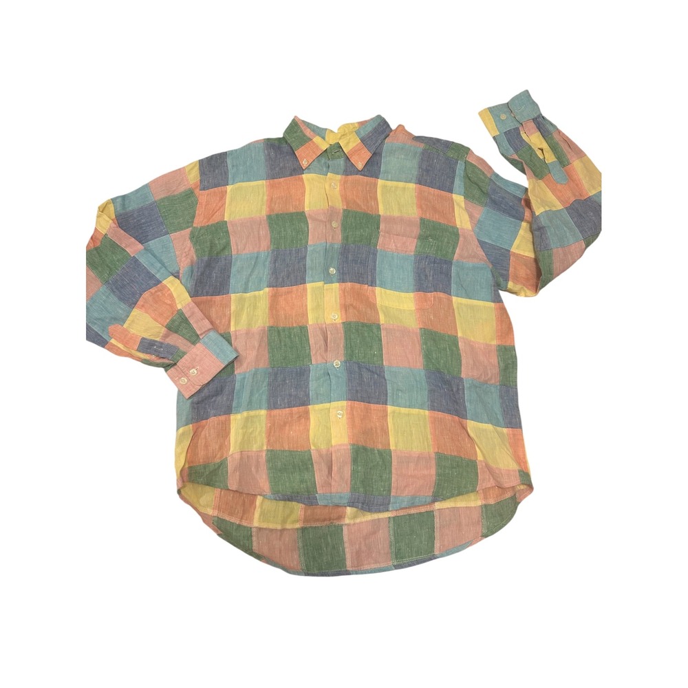 Mine mens XL linen patchwork pastel button down shirt pink blue preppy‎ Easter